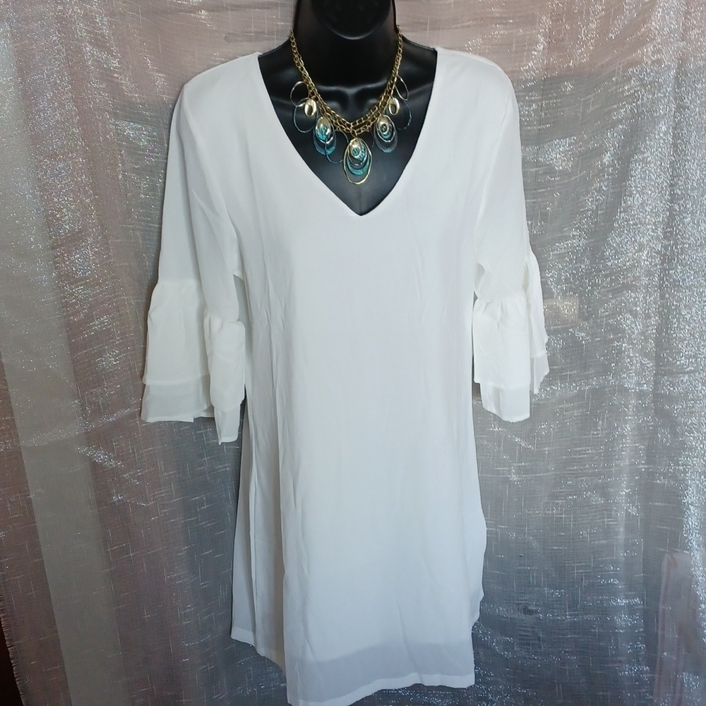 Belongsci Women White Polyester V-Neck Long Sleeve Knee Length Dress Size XS